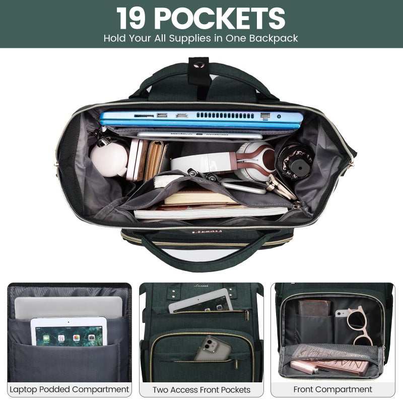 LOVEVOOK Laptop Backpack for Women 17 Inch Professional Womens Travel Backpack Purse Computer Laptop Bag Nurse Teacher Backpack Waterproof Work Bags Carry on Back Pack with USB Port Dark Green - Image 2
